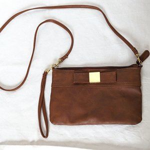 Faux Leather Brown Bow Bag W/ Shoulder and Wristlet Strap